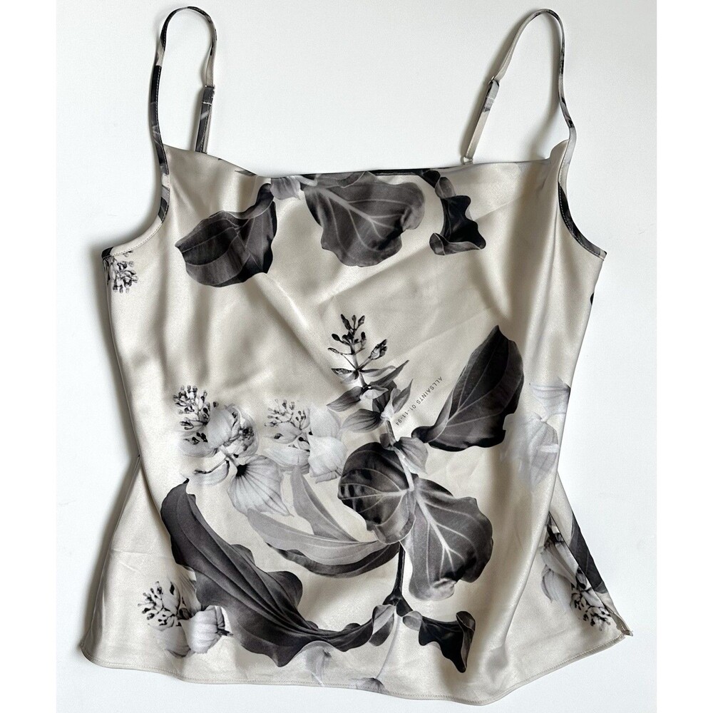 All Saints Cowl Neck Floral Camisole Blouse Women's Size 6 Cream Gray Satin